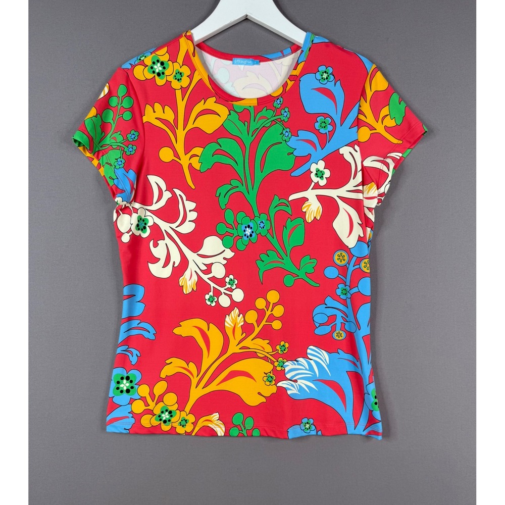 J.McLaughlin Catalina Cloth Top Womens L‎ Red Floral Cap Sleeve Bold Resortwear